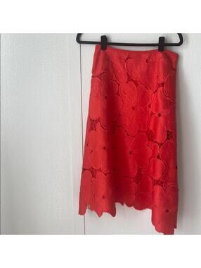 Cynthia Rowley Size 4 Bright Red Floral Lace Skirt Scalloped Hem A-Line Midi
